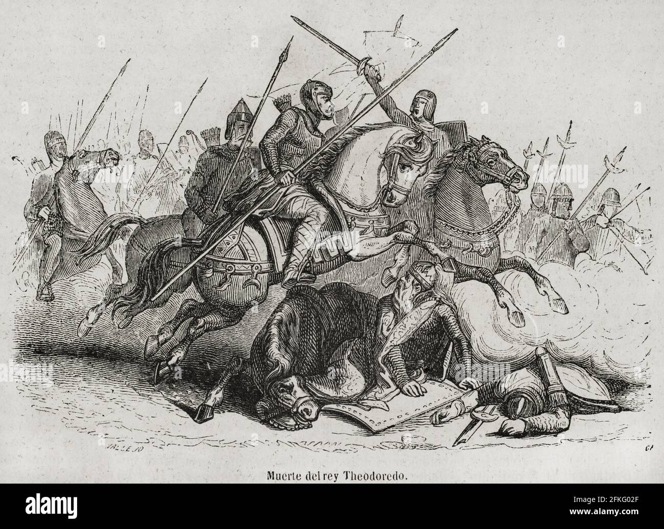 Teodorico i (m.. 451). Re visigotico. Morte del re Teodorico i durante la battaglia delle pianure catalane nel 20 giugno 451 d.C., tra la coalizione romana (Generale Flavio Aecio) e il re visigota Teodorico i contro gli Unni (guidato da Attila). Incisione di Vallejo. Historia Generale de España di Padre Mariana, Madrid, 1852. Foto Stock