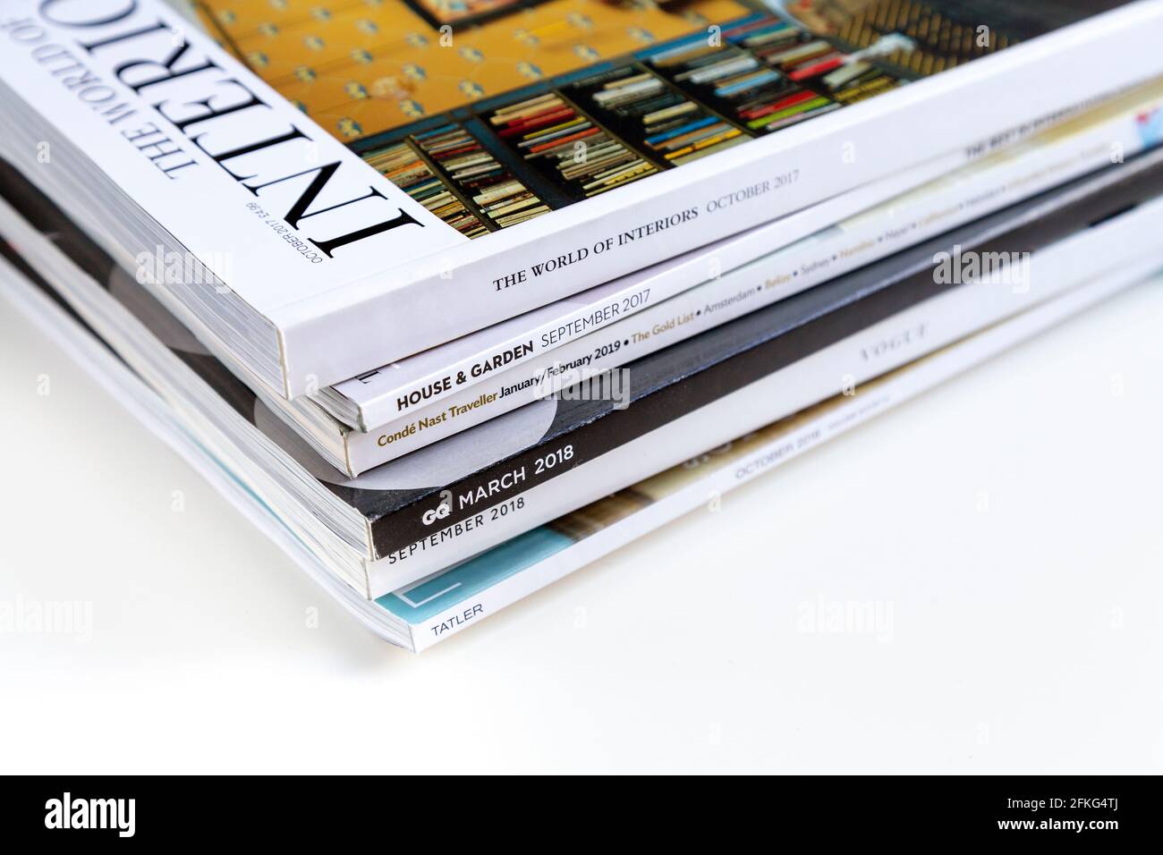 Stack of Conde Nast Magazines - il mondo degli interni, Casa & Giardino, Conde Nast Traveller, GQ, Tatler, Vogue Foto Stock