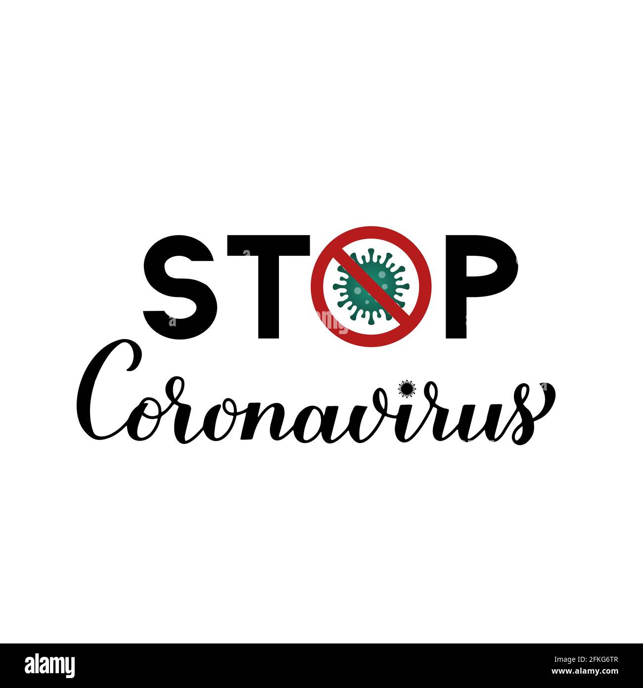 Stop Coronavirus calligrafia mano scritta isolato su sfondo bianco. Nuovo virus Corona covid-19 pandemia. Modello vettoriale per poster tipografico, Illustrazione Vettoriale