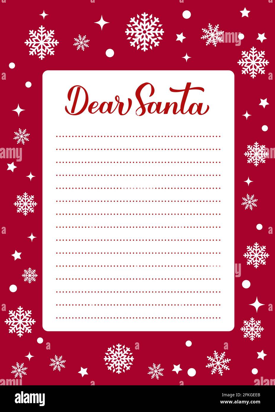 Carta della lista dei desideri di Natale. Cara calligrafia Santa scritta a mano su sfondo rosso con fiocchi di neve. Modello vettore lettera a Babbo Natale. Illustrazione Vettoriale