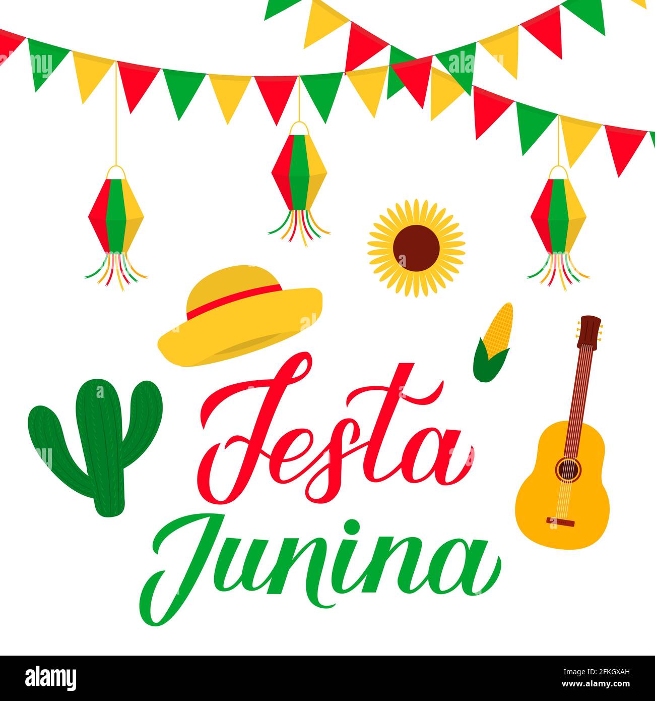 Scritta calligraphy di festa Junina con bandiere e lanterne di carta. Festival Brasiliano di giugno Festa de Sao Joao. Modello facile da modificare per post tipografici Illustrazione Vettoriale