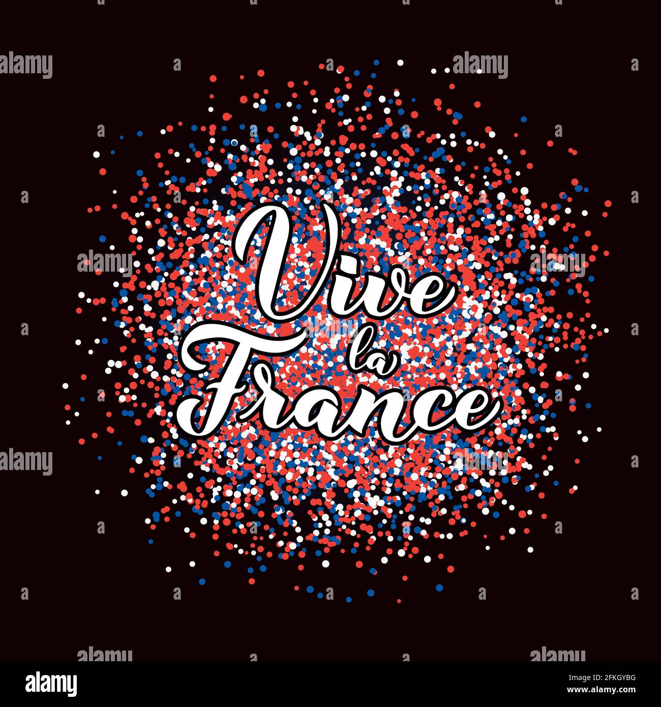 Vive la France calligrafia scritta a mano su sfondo rosso, blu, bianco confetti. Long Live Francia in francese. Modello vettoriale per poster tipografico, Illustrazione Vettoriale