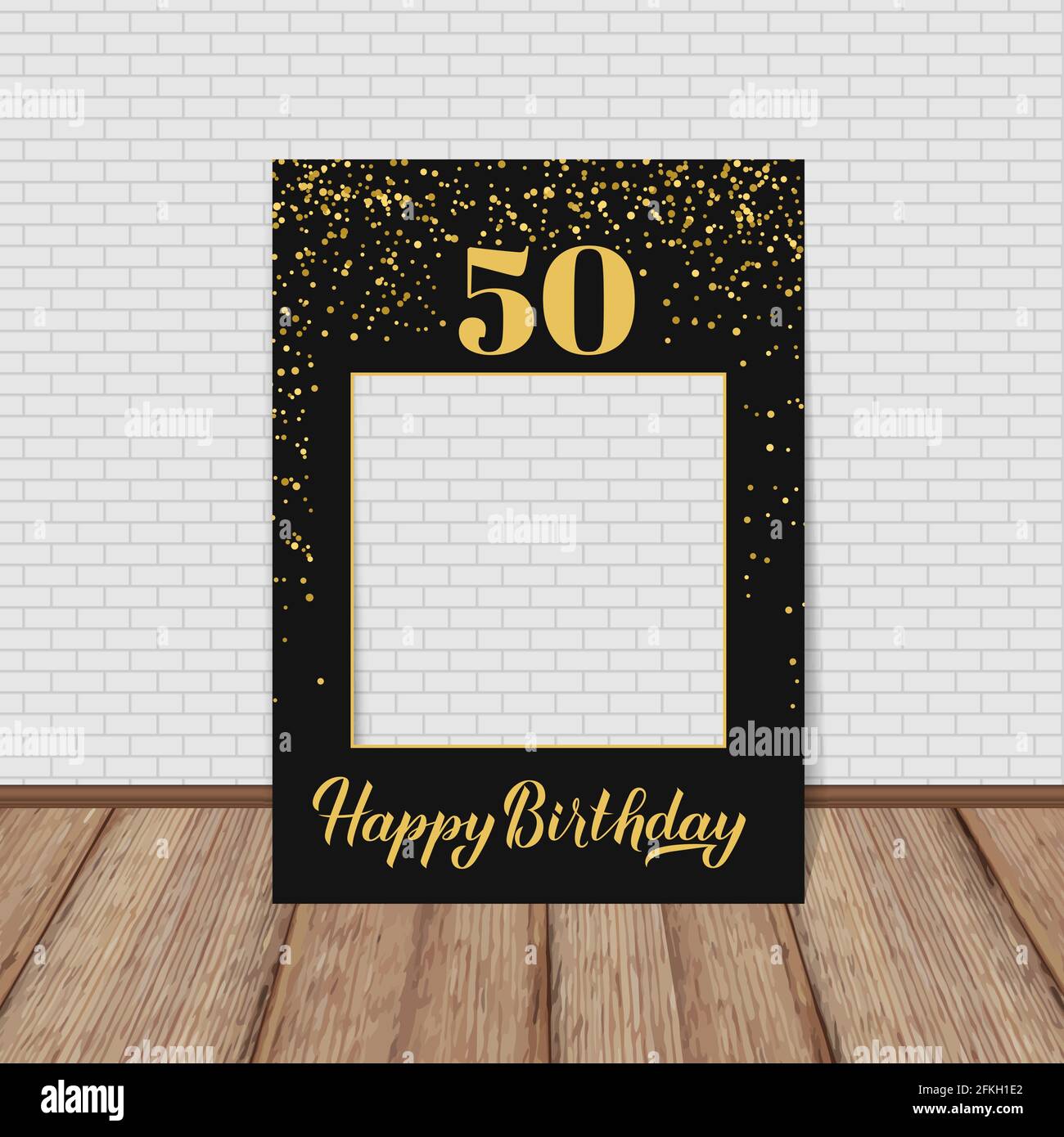 Felice 50esimo compleanno cabina foto cornice. Festa di compleanno photobooth props. Decorazioni con festa in confetti nero e oro. Modello vettore. Illustrazione Vettoriale