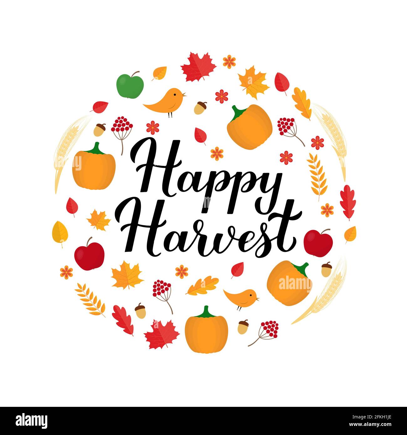 Allegra calligrafia di Harvest con foglie di caduta, zucche e orecchie di grano. Modello vettoriale per banner, poster tipografico, volantino, cartolina, adesivi Illustrazione Vettoriale