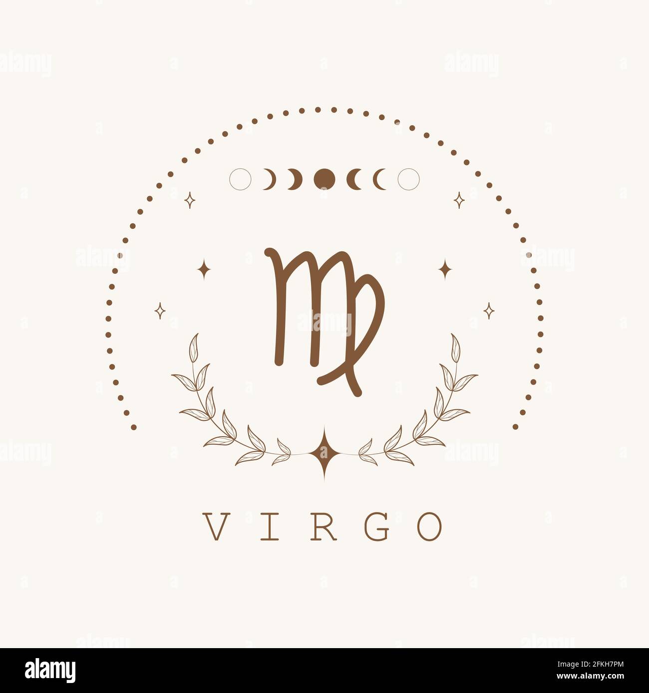 Virgo. Segno zodiacale in stile boho. Icona astrologica isolata su sfondo bianco. Mistero ed esoterico. Immagine vettoriale del logo dell'oroscopo. Spirituale Illustrazione Vettoriale
