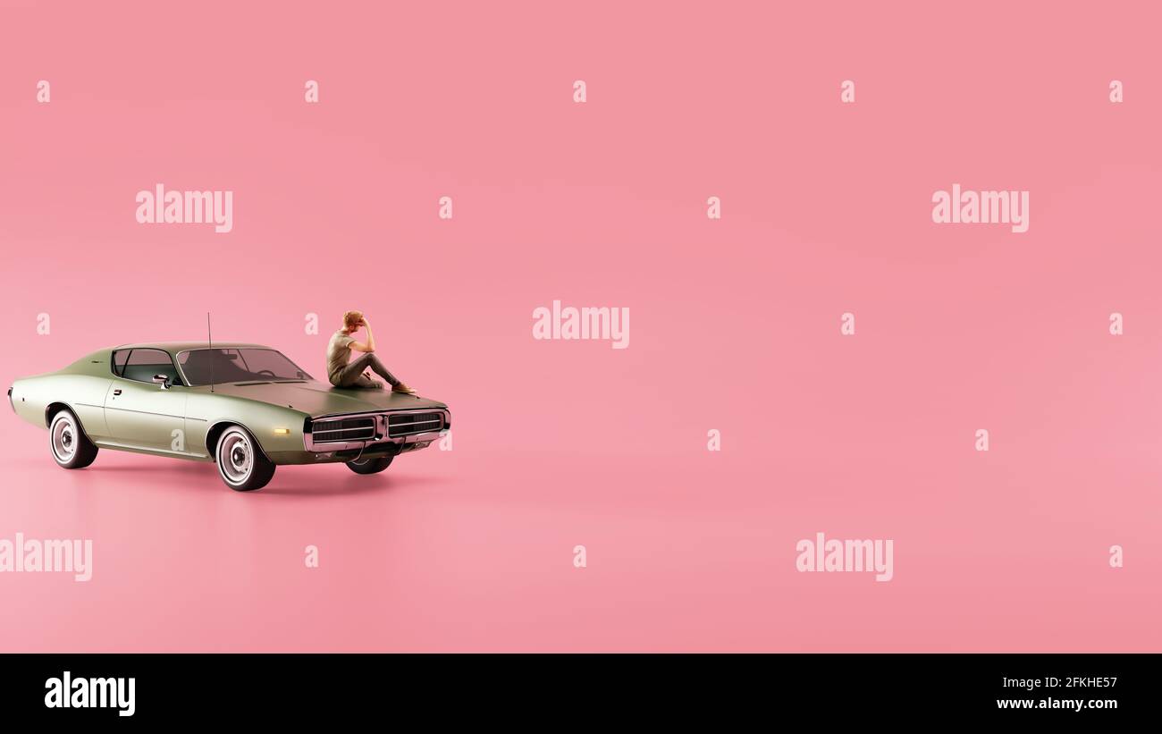 3D rendering auto vintage sul cofano seduto uomo e pensando con sfondo rosa vuoto. Foto Stock