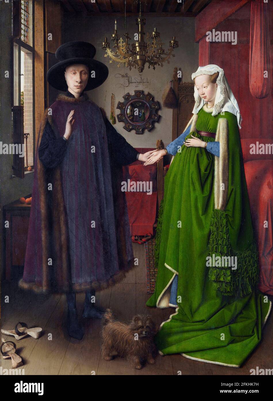 Jan van Eyck, The Arnolfini Portrait, 1434, Oil on Oak Panel, National Gallery, Londra, Regno Unito. Foto Stock