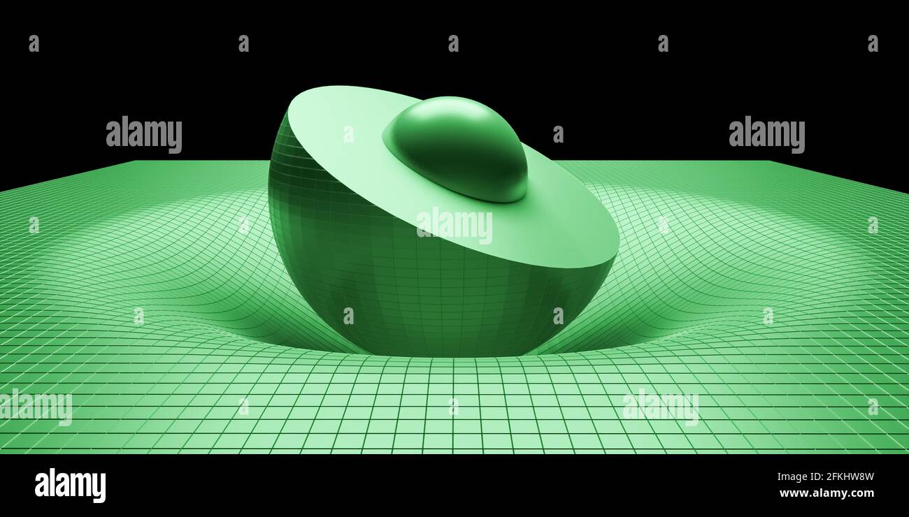 Visualizzazione 3D del nucleo interno della Terra come sezione trasversale con distorsione di gravità, teoria generale della relatività, legge scientifica della gravitazione universale Foto Stock