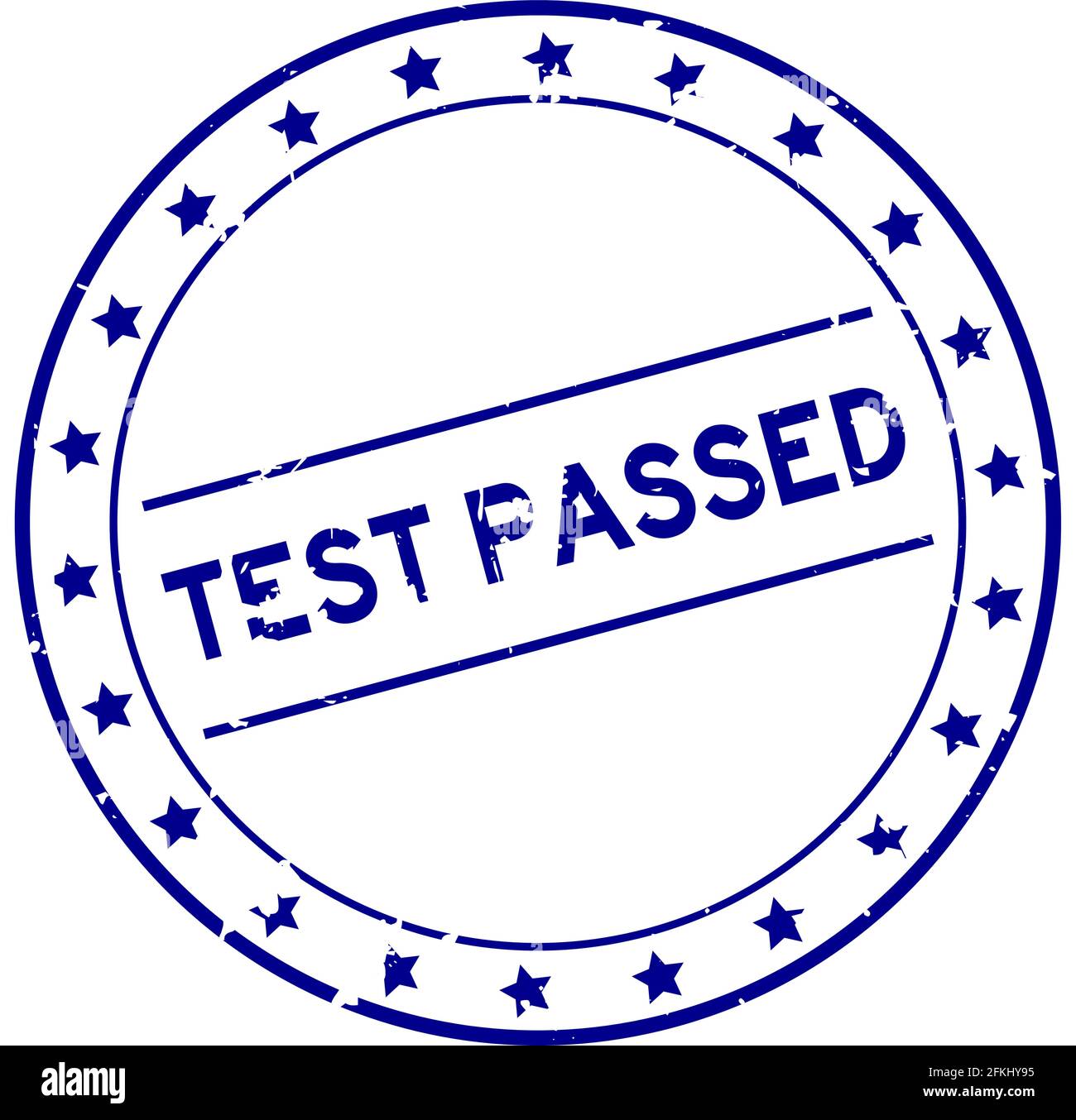 Il test blu grunge ha superato la parola rotondo sigillo in gomma stampigliato su sfondo bianco Illustrazione Vettoriale