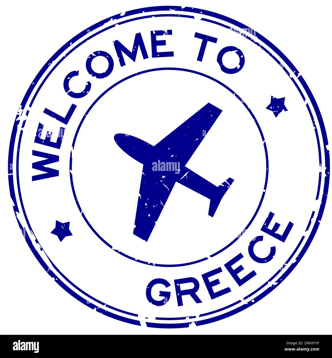 Grunge blu benvenuto in Grecia parola con icona aereo rotondo sigillo in gomma su sfondo bianco Illustrazione Vettoriale