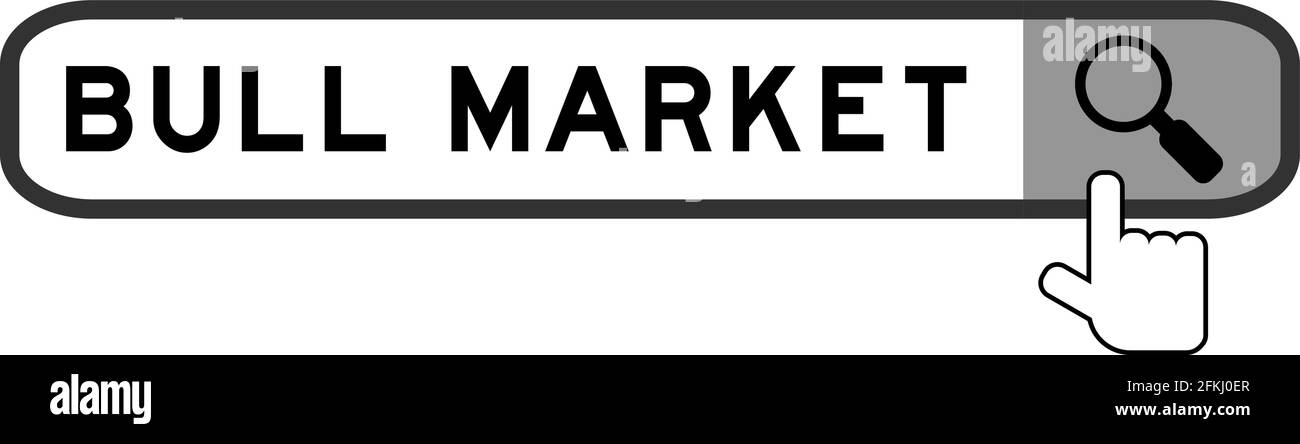 Banner di ricerca in parola mercato toro con mano sopra lente di ingrandimento icona su sfondo bianco Illustrazione Vettoriale