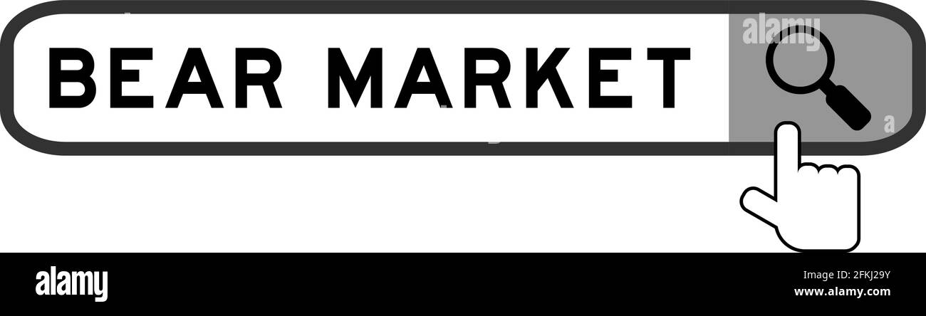 Banner di ricerca in parola mercato orso con mano su lente di ingrandimento icona su sfondo bianco Illustrazione Vettoriale