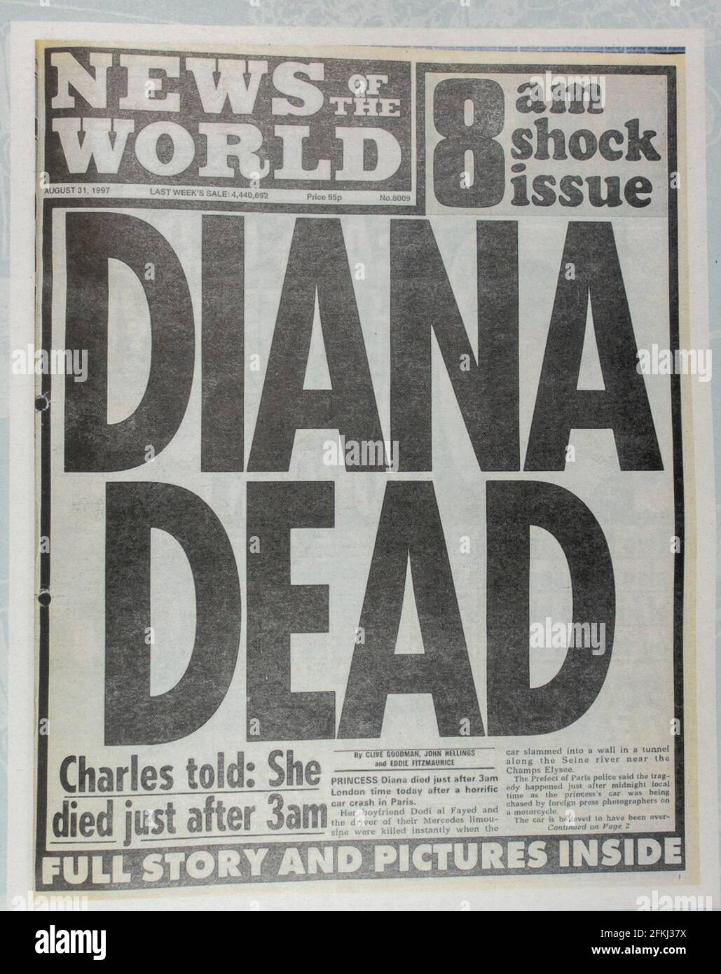 'diana Dead' prima pagina titolo sul giornale News of the World (replica) il 31 agosto 1997. Foto Stock