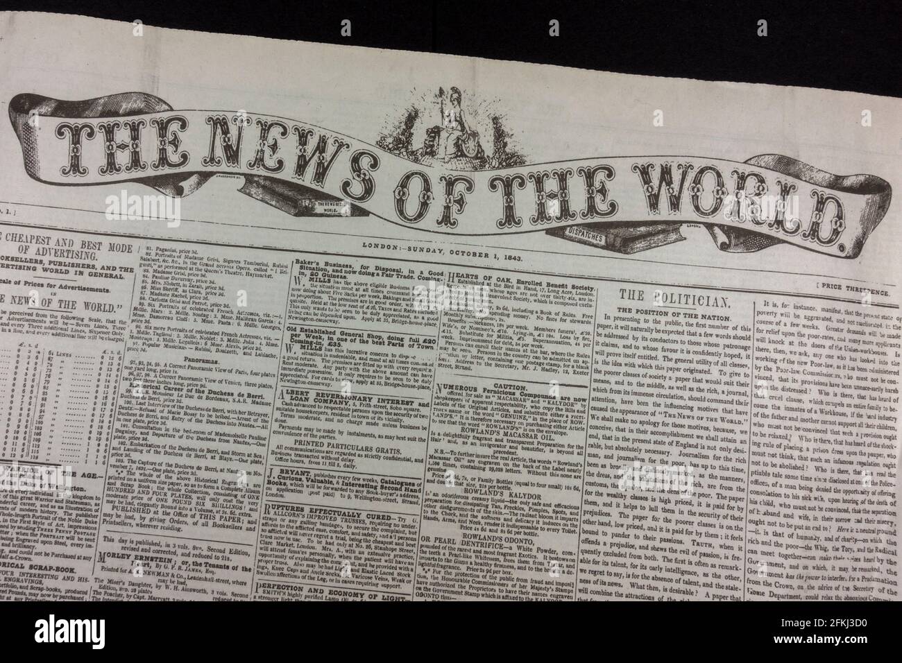 Il banner della prima pagina del giornale News of the World (replica della prima pubblicazione) di domenica 1 ottobre 1843. Foto Stock