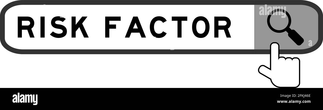 Ricerca banner in parole fattore di rischio con lente di ingrandimento con mano sopra icona su sfondo bianco Illustrazione Vettoriale