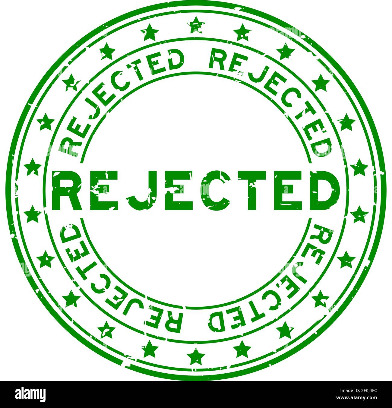 Verde grunge parola rifiutata con icona a stella guarnizione in gomma rotonda timbro su sfondo bianco Illustrazione Vettoriale