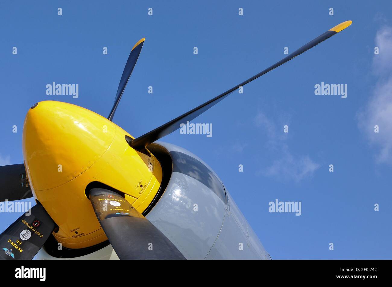 Hawker Sea Fury T.20 aereo da combattimento della seconda guerra mondiale VX281 registrato G-RNHF. Cono di naso e elica sotto il cielo blu. Buone condizioni di volo Foto Stock