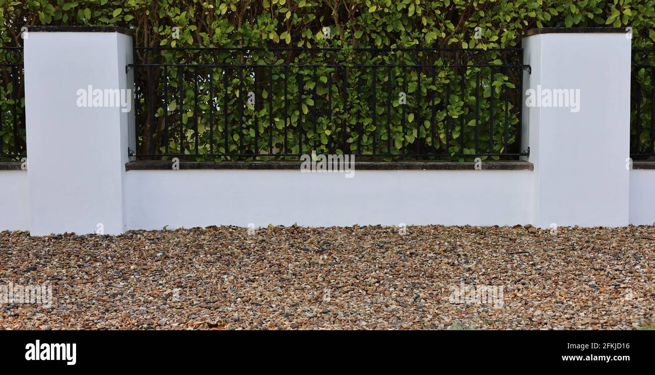 Muro di confine del giardino e arbusti, Regno Unito. Foto Stock