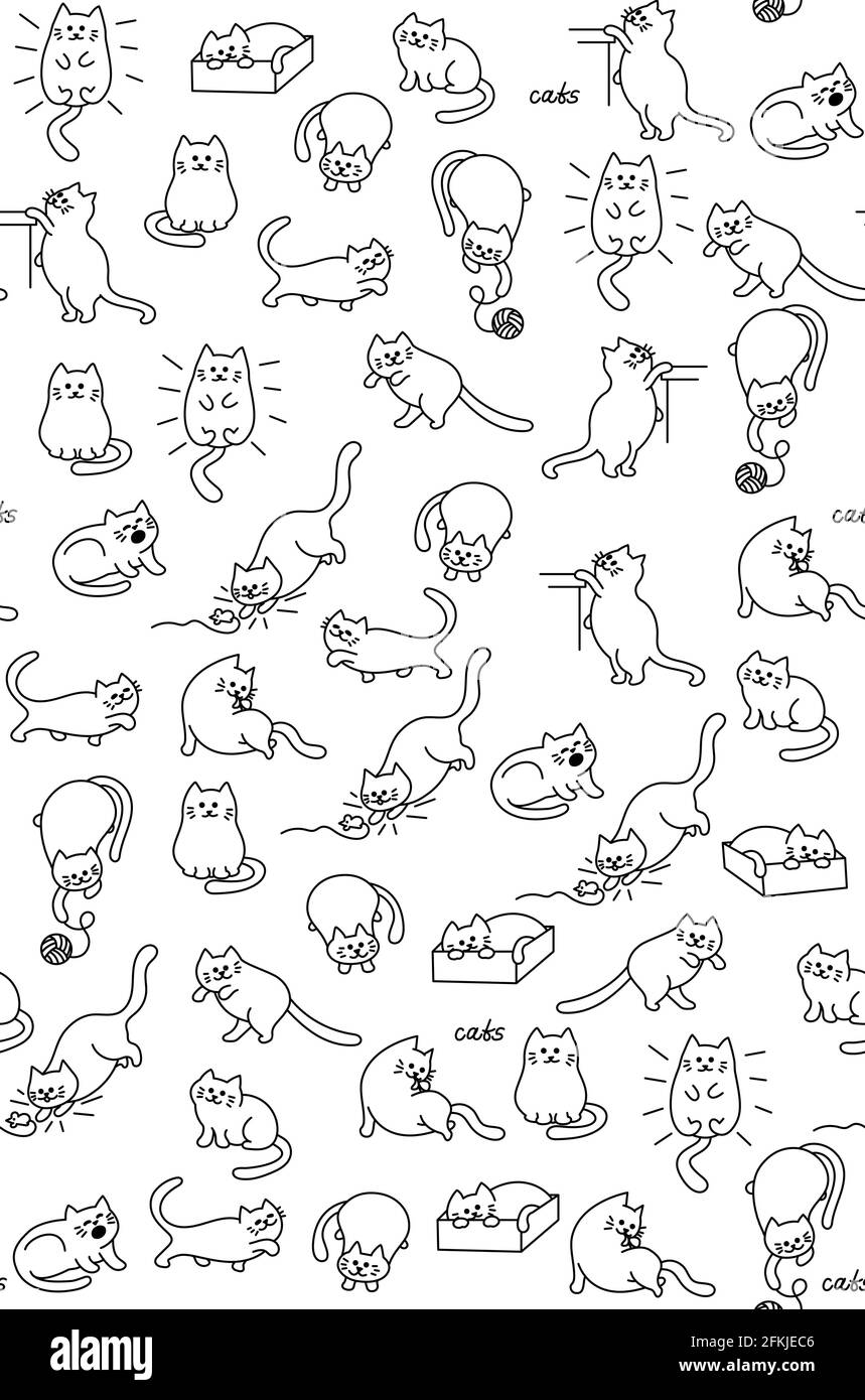 Modello senza cuciture con simpatici gatti disegnati a mano. Animali immagine vettoriale con adorabili gattini. Sfondo lavorabile per il tuo tessuto, disegno tessile, w Illustrazione Vettoriale