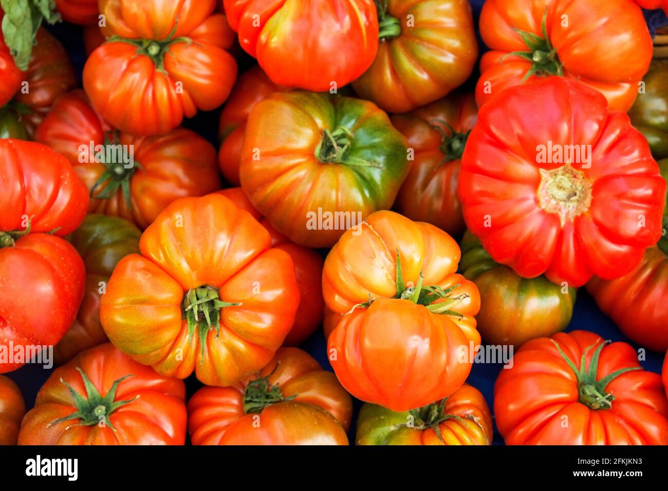 Concetto di cibo pulito. Mazzo di pomodori misti giallo ciliegia freschi e succosi maturi al mercato agricolo di produzione locale. Dieta sana, primavera Foto Stock
