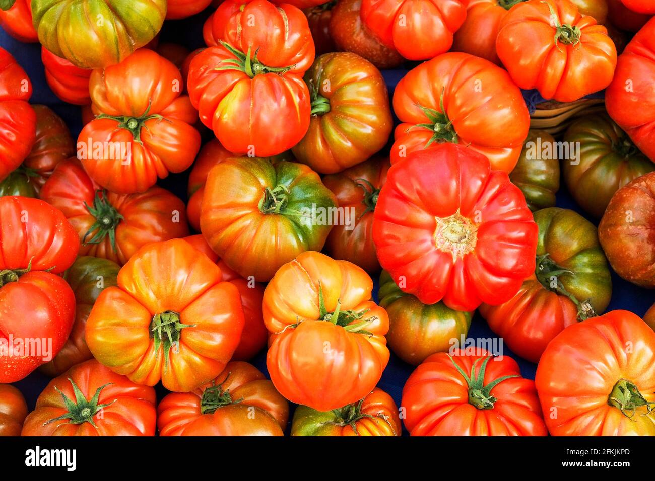 Concetto di cibo pulito. Mazzo di pomodori misti giallo ciliegia freschi e succosi maturi al mercato agricolo di produzione locale. Dieta sana, primavera Foto Stock