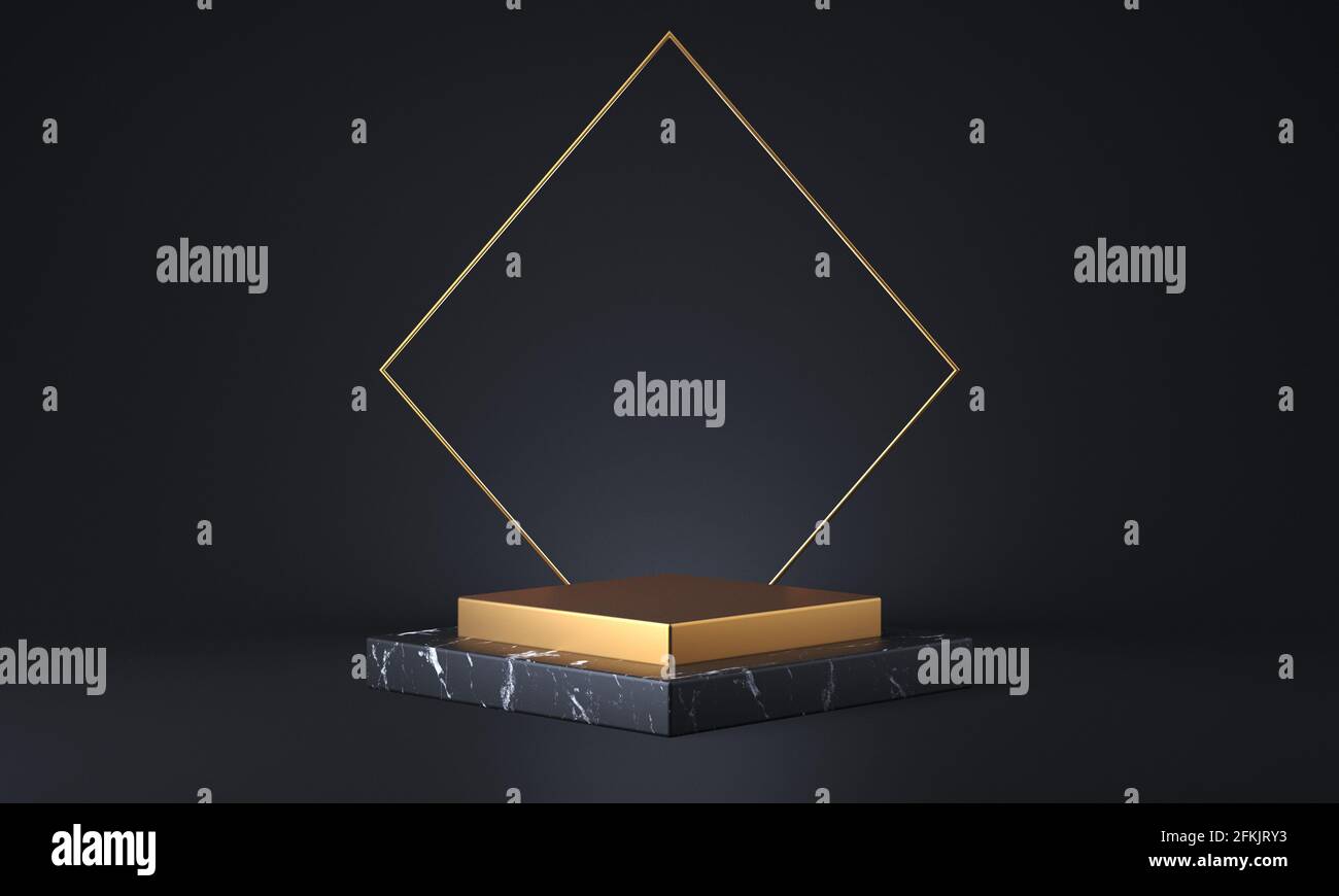 Supporto in marmo nero e oro. Vetrina di moda concetto moderno. Rappresentazione 3D astratta di una tavola vuota o di un piedistallo Foto Stock