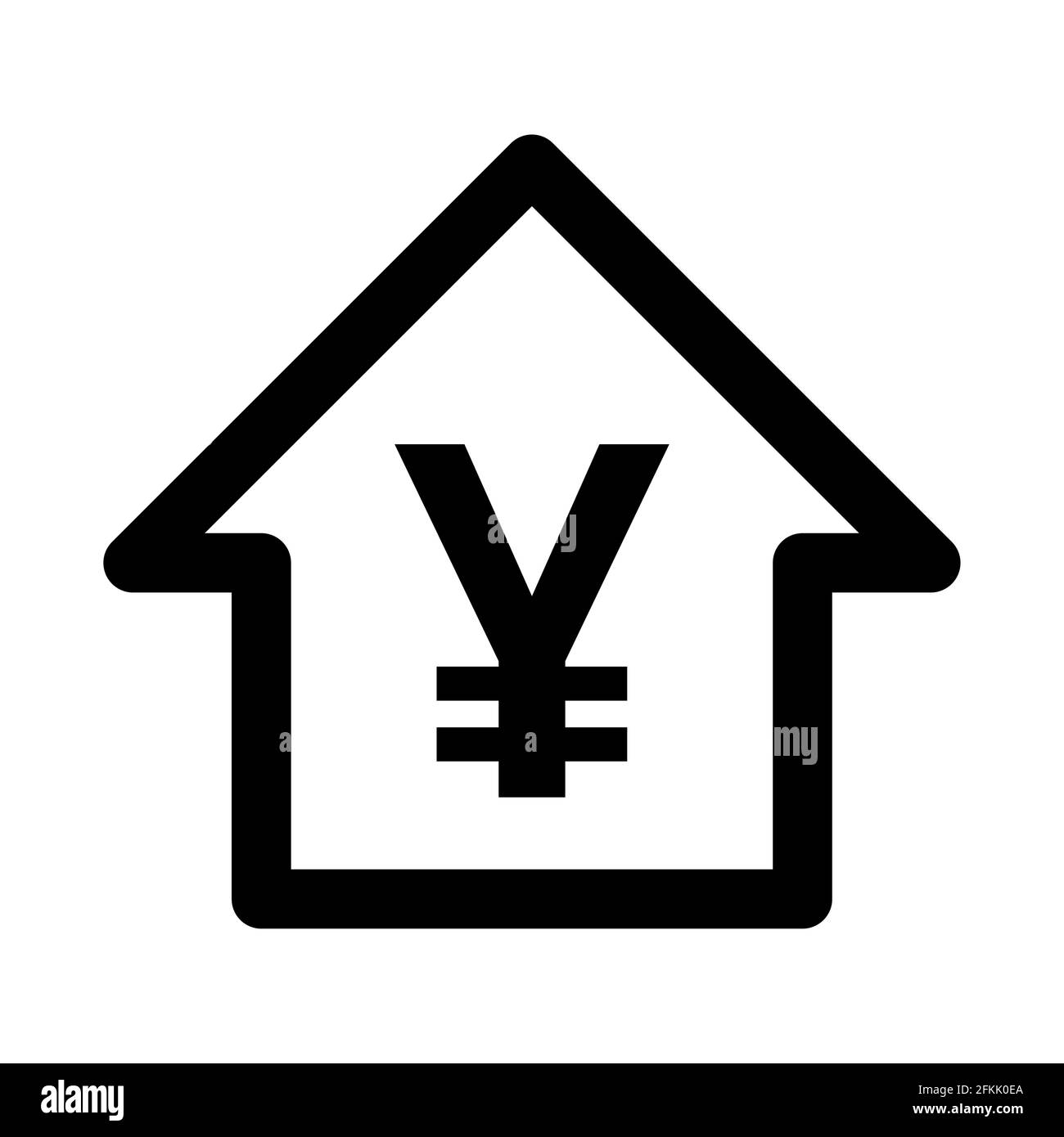 Simbolo della casa con un'icona di un simbolo di valuta cinese Yuan o giapponese Yen piatto. Immagine vettoriale. Illustrazione Vettoriale