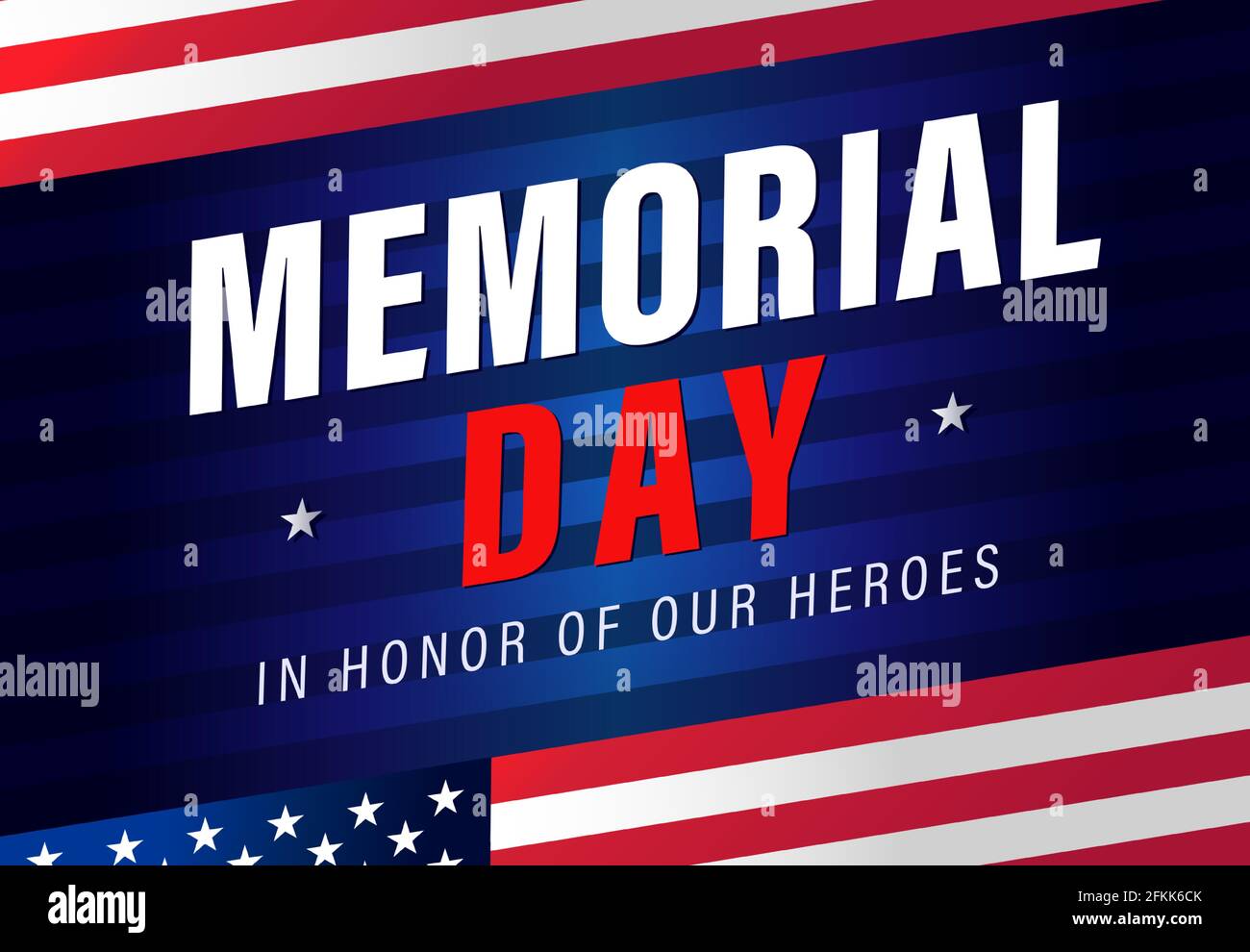 Banner orizzontale Happy Memorial Day USA. Modello grafico astratto isolato. Lettere in colori USA in onore dei nostri eroi. Lusso decorativo ca Illustrazione Vettoriale