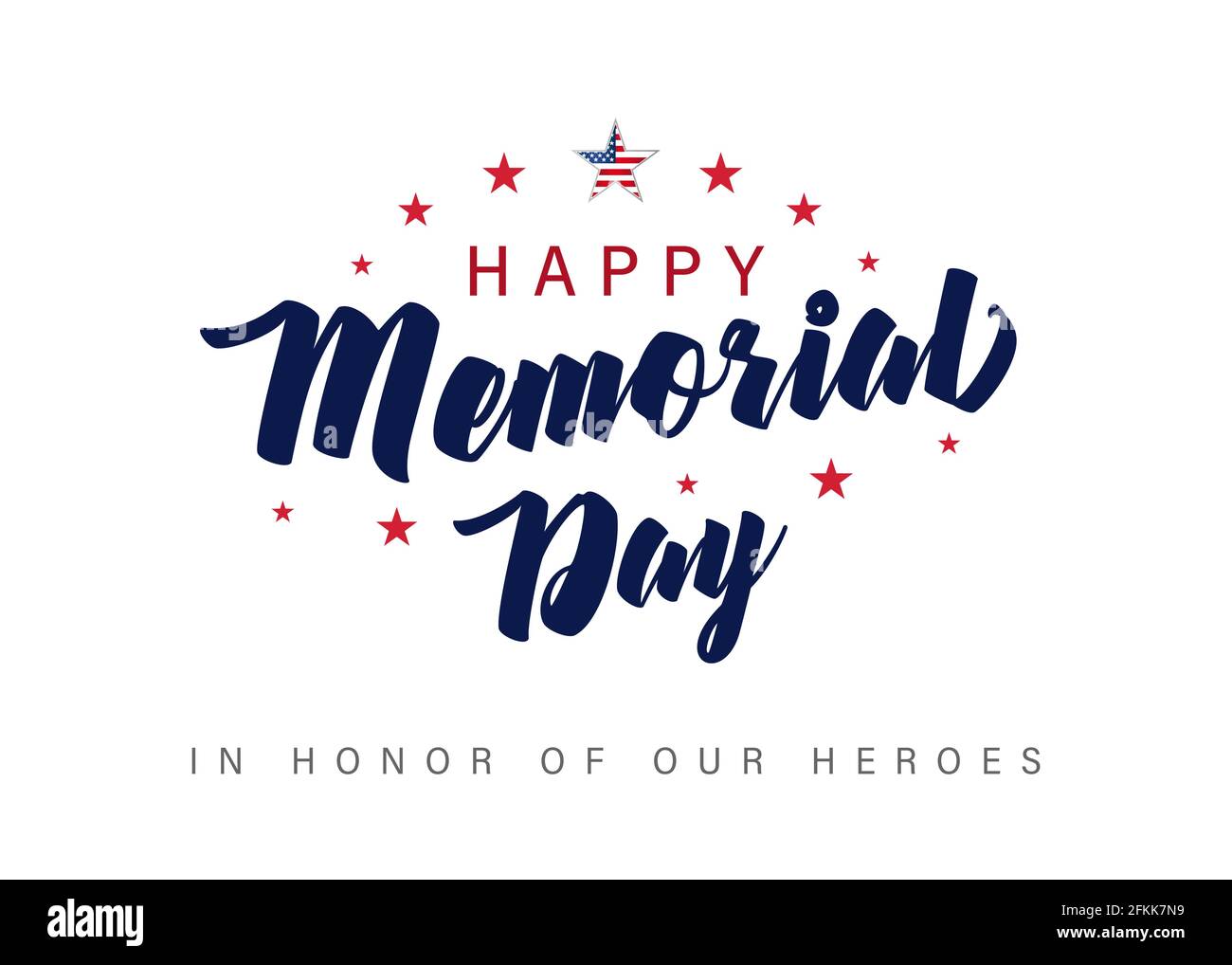 Logo calligrafico Happy Memorial Day USA. Modello grafico astratto isolato. COLORI DEGLI STATI UNITI, stelle e lettere spazzolanti. Pennello decorativo calligrap Illustrazione Vettoriale