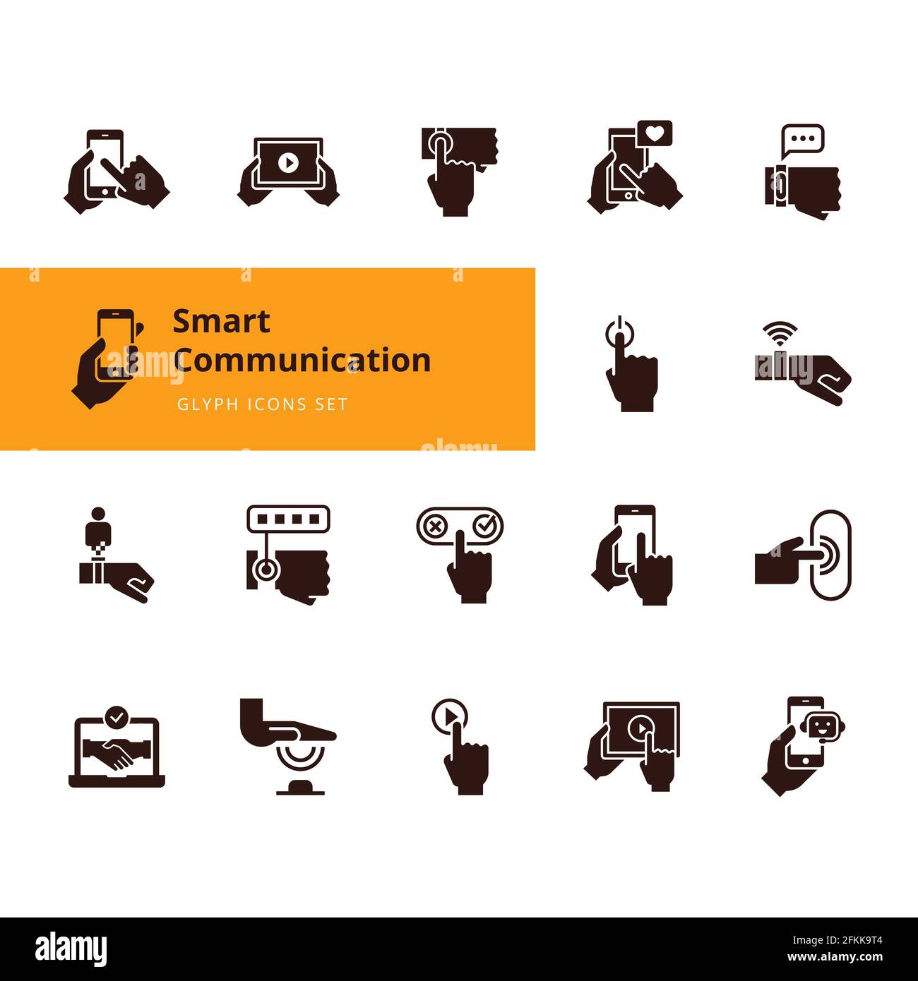 Insieme di icone che tengono in mano un dispositivo di comunicazione Illustrazione Vettoriale