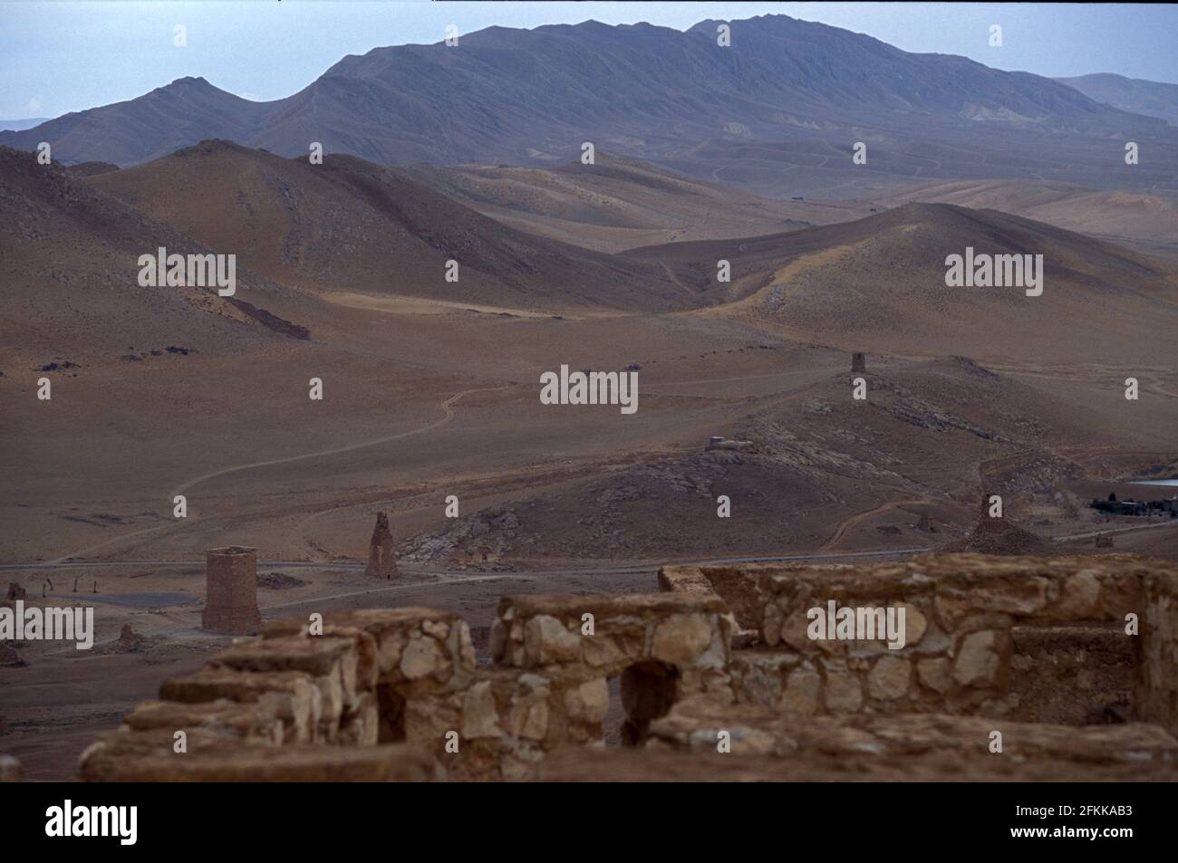 Vista della Valle delle Tombe, da Qalaat Fakhr ad-DIN al-Maani, Palmyra, Siria Foto Stock