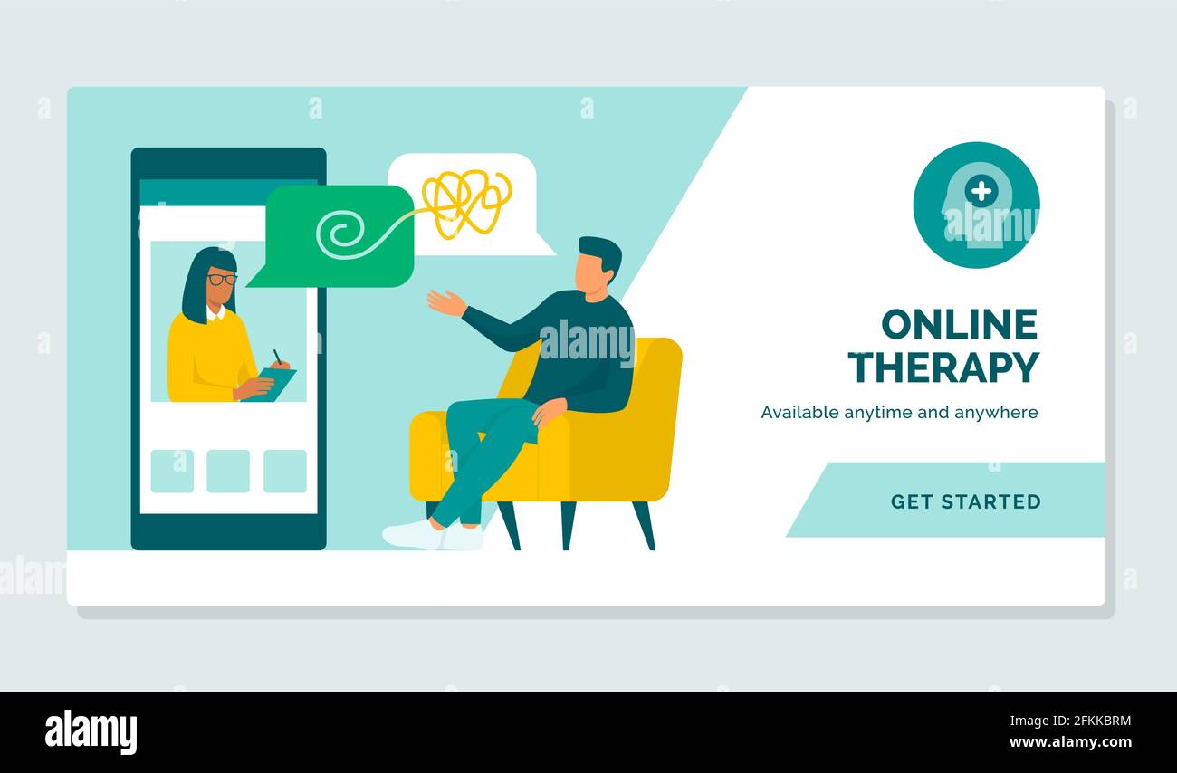 Uomo che parla con uno psicologo professionista online utilizzando il suo smartphone, online terapia concetto Illustrazione Vettoriale