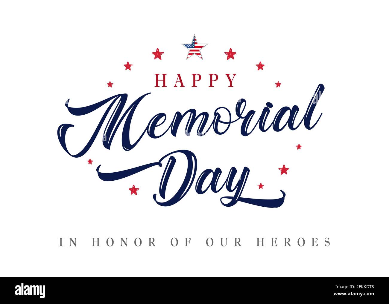 Logo calligrafico Happy Memorial Day USA. Modello grafico astratto isolato. COLORI DEGLI STATI UNITI, stelle e lettere spazzolanti. Pennello decorativo calligrap Illustrazione Vettoriale