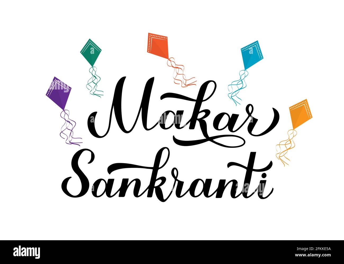 Calligrafia Makar Sankranti scritta a mano con aquiloni colorati isolati su bianco. Biglietto d'auguri per le festività indiane. Festa indù del solstizio invernale. VEC Illustrazione Vettoriale