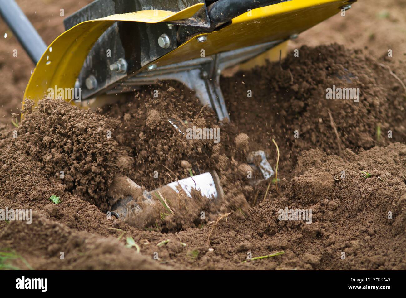 il coltivatore allenta il terreno nel giardino, da vicino Foto Stock