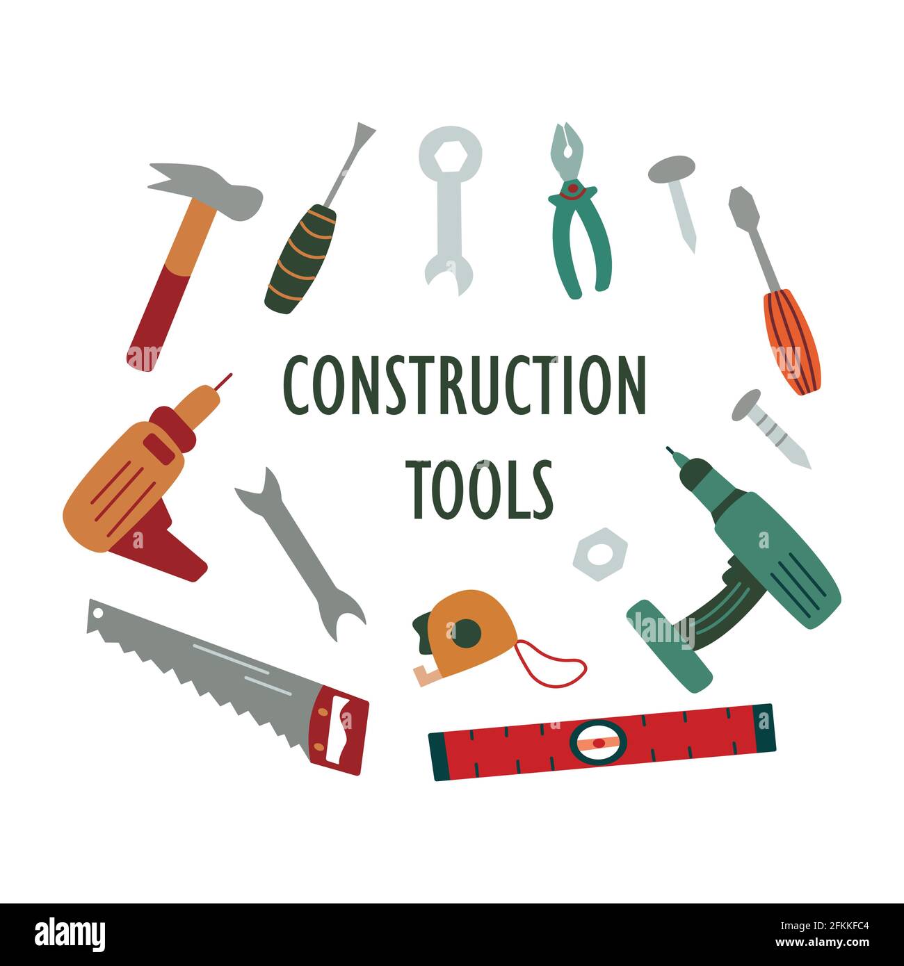Utensili da costruzione. Strumenti di costruzione. Set di attrezzi per interventi e riparazioni. Illustrazione vettoriale colorata disegnata a mano isolata Illustrazione Vettoriale