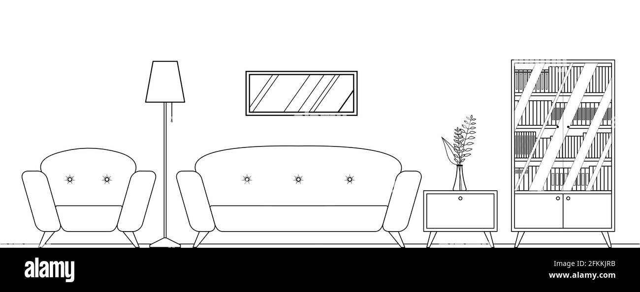 Vector contorno interno soggiorno con mobili. Comodo divano, sedia, libreria, lampada. Per colorare libro. Illustrazione vettoriale di stile piatto. Illustrazione Vettoriale