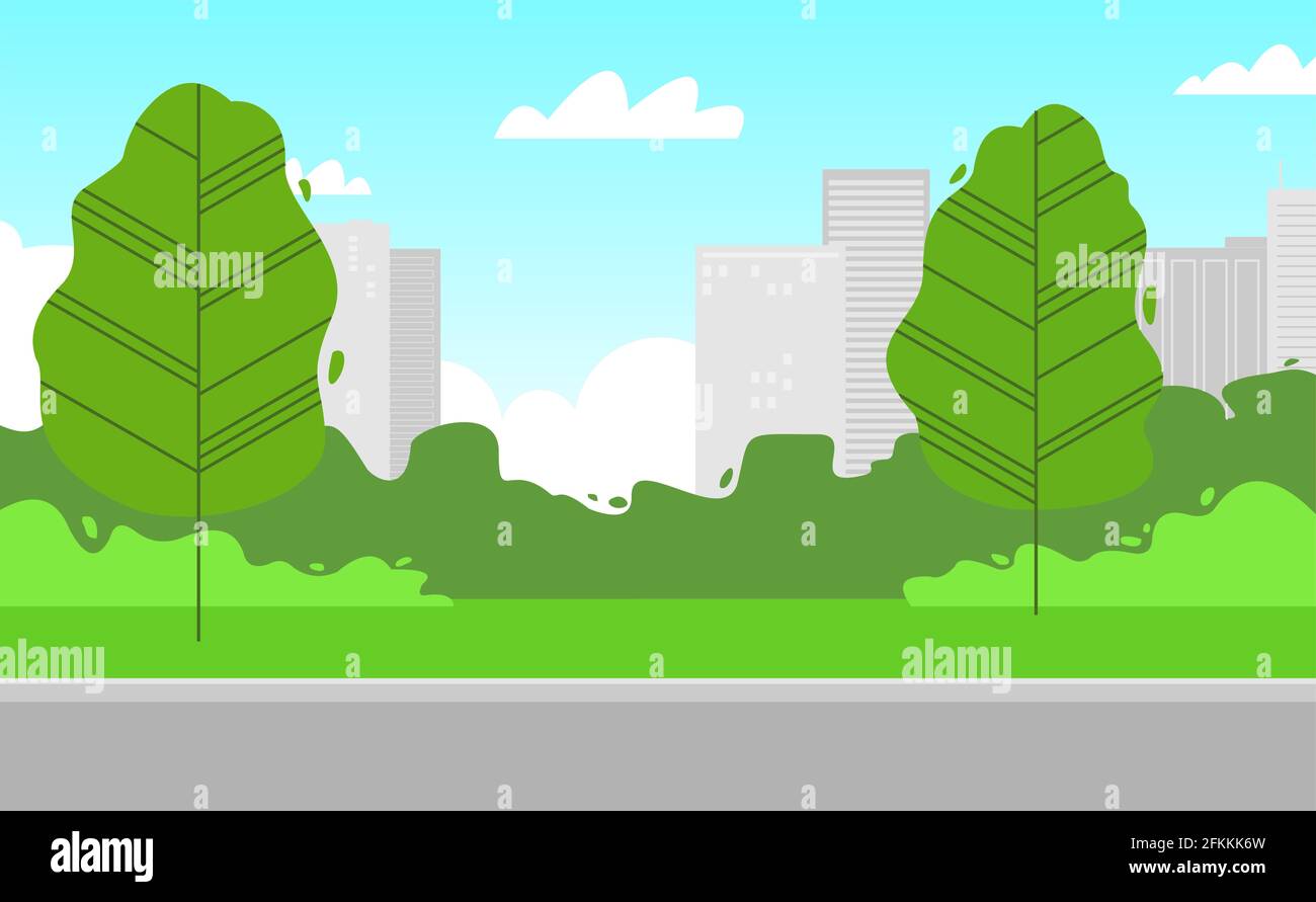 Illustrazione vettoriale di un parco cittadino. Cartoon città paesaggio, alberi, marciapiede, sfondo, carta da parati. Illustrazione Vettoriale