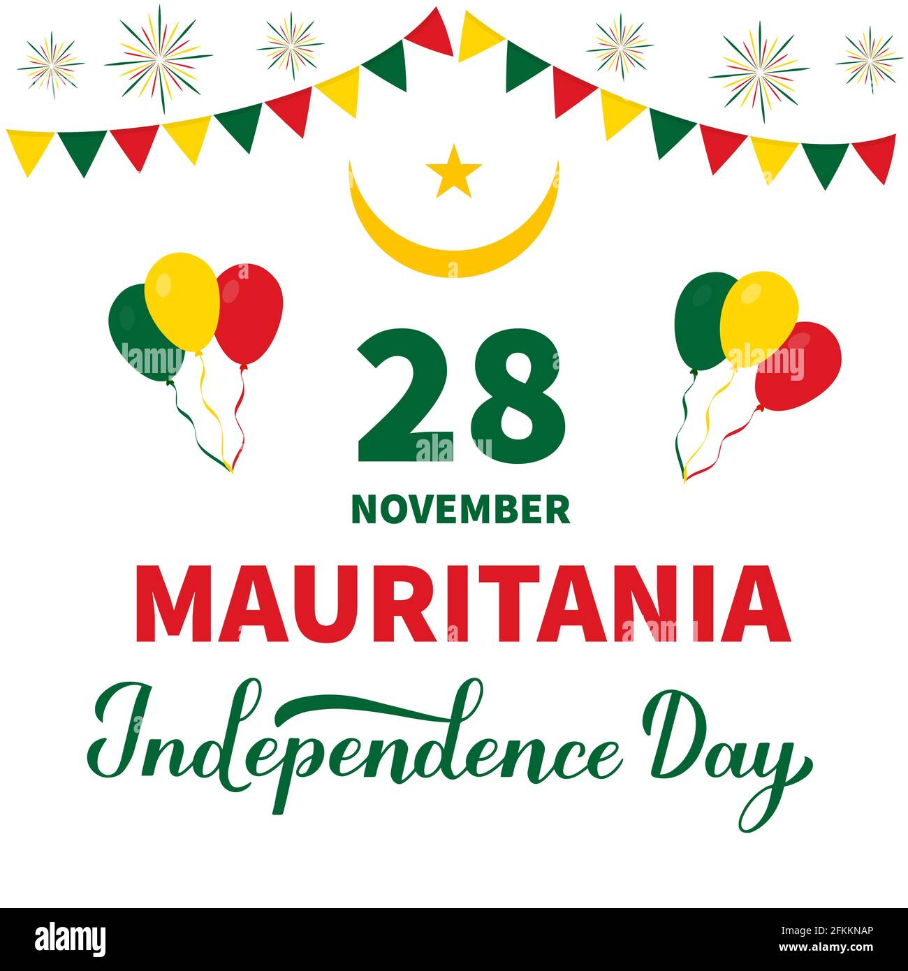 Mauritania Independence Day calligrafia scritta a mano. Festa celebrata il 28 novembre. Modello vettoriale per poster tipografico, banner, auto di saluto Illustrazione Vettoriale