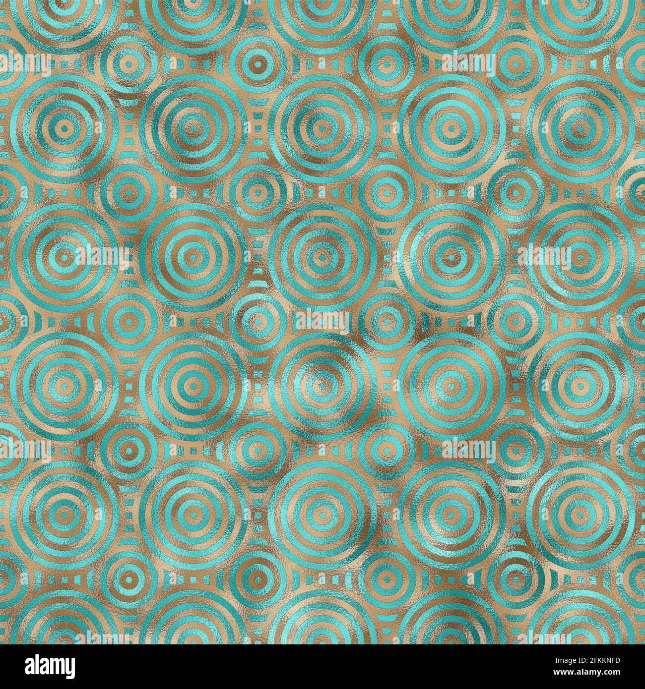 Cerchio senza cuciture sfondo astratto nei colori turchese verde oro. Schema geometrico senza giunture astratto con cerchi. Texture alla moda. Astracco moderno Foto Stock