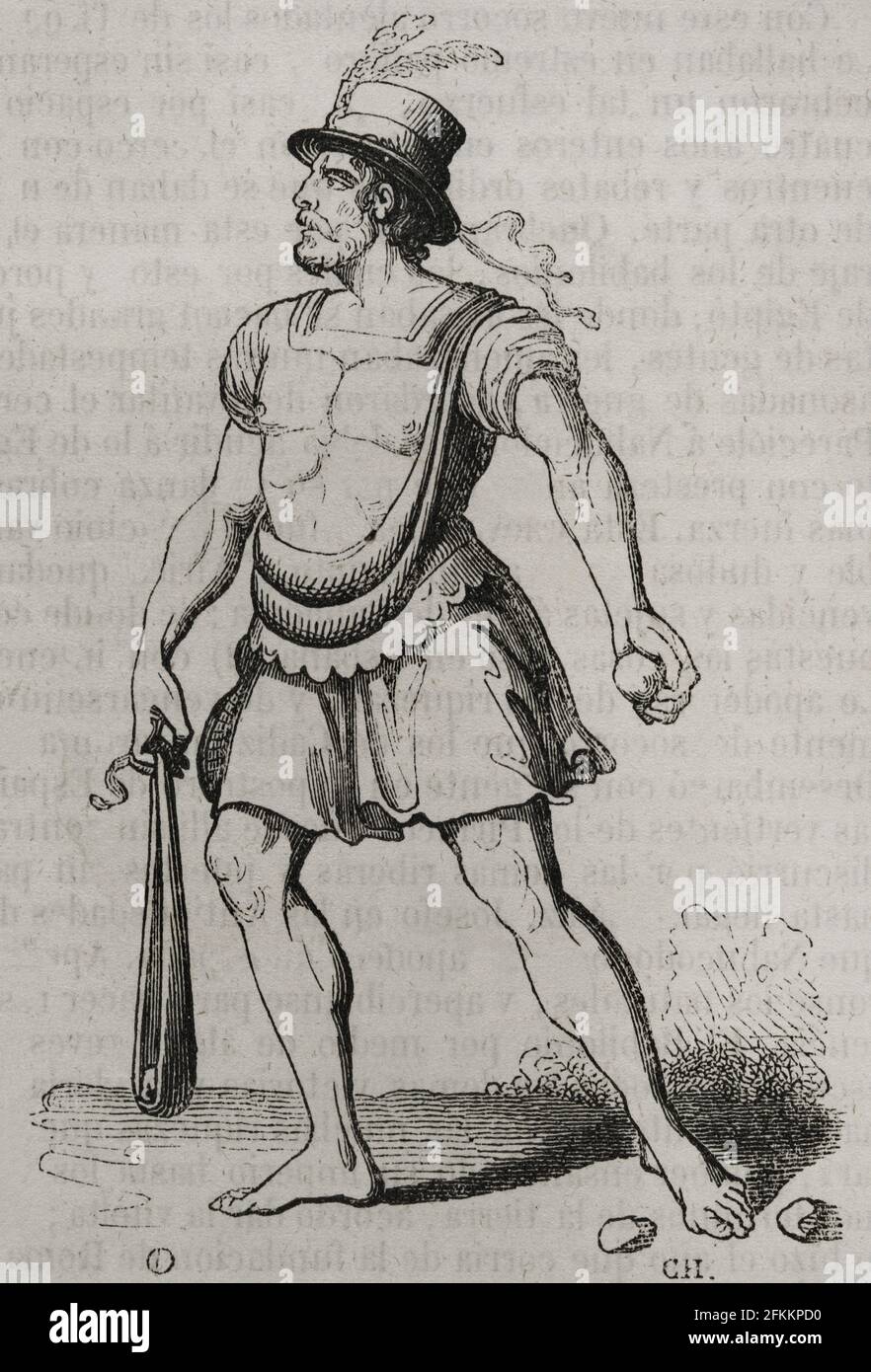 Storia antica. Imbracature Baleari. Guerrieri mercenari armati di colpi di schiaffo al servizio degli eserciti romano e cartaginese. Majorcan schiinger. Incisione. Historia Generale de España di Padre Mariana. Madrid, 1852. Foto Stock