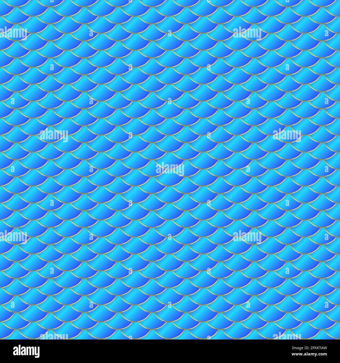 Modello senza cuciture Mermaid. Fondo texture scala pesci blu e oro. Illustrazione vettoriale magica al neon. Modello facile da modificare per inviti, banner, Illustrazione Vettoriale