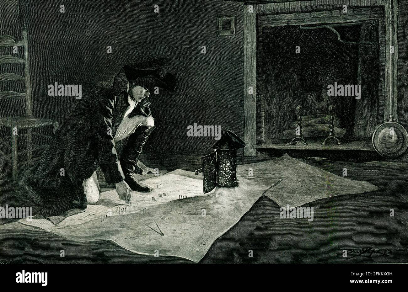 La didascalia del 1896 recita: "Napoleone pianifica una battaglia disegnata da Eric Pape incisa da H Davidson". Napoléon Bonaparte (1769-1821) è stato un . Durante la Rivoluzione francese, salì alla preminenza e guidò diverse campagne di successo durante le Guerre rivoluzionarie. Come Napoleone i, fu imperatore dei francesi dal 1804 al 1814, e di nuovo nel 1815 Foto Stock