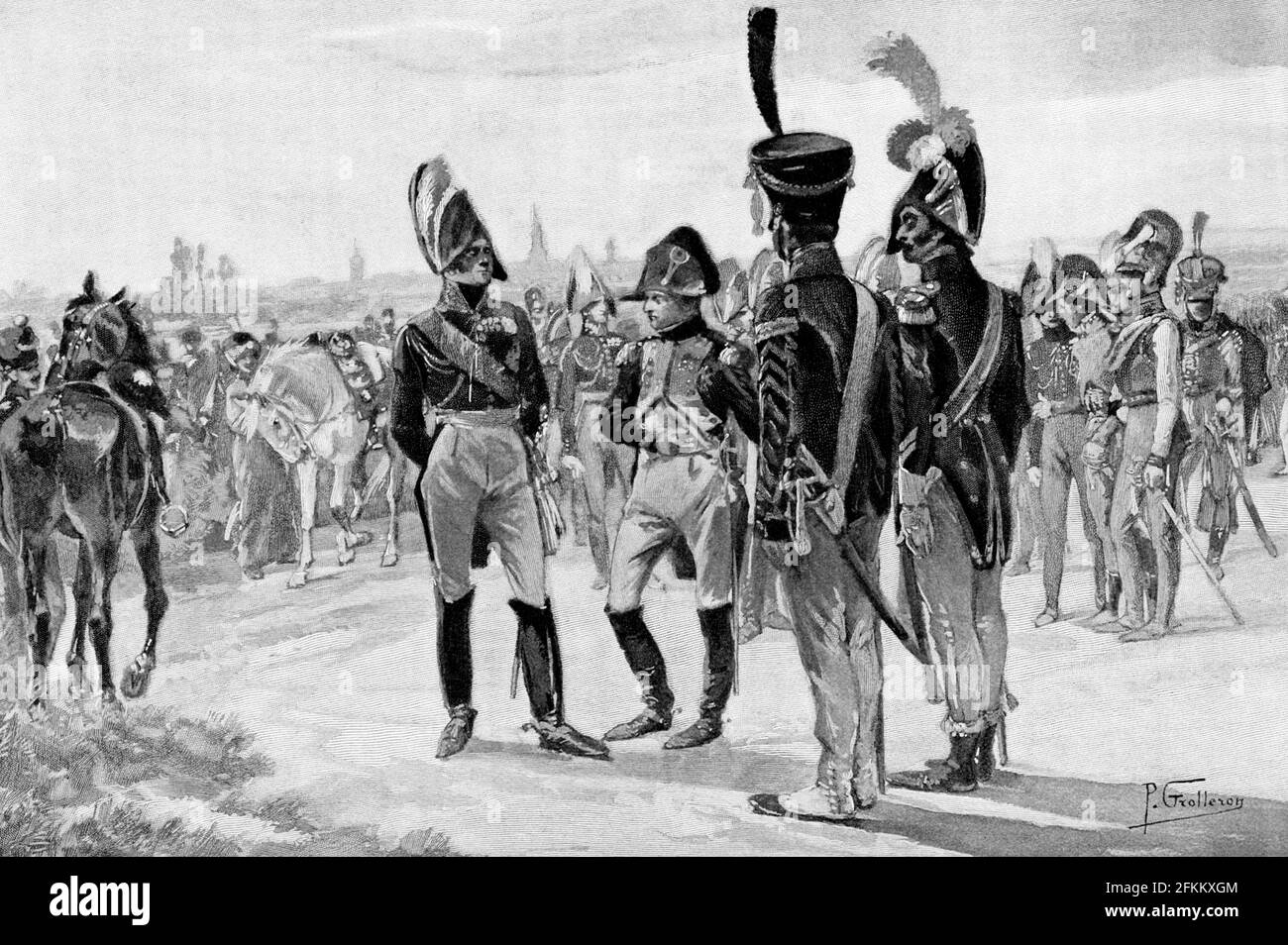 La didascalia di questa illustrazione del 1896 recita: "Le meravigliose Drum-Majors disegnate da P Grolferon". Dalla vita di Napoleone Bonaparte, volume III, di William Milligan Sloane. Come Napoleone i, fu imperatore dei francesi dal 1804 al 1814, e di nuovo nel 1815. Un comandante maggiore o di campo del tamburo è il capo di una fascia di marcia, del tamburo e dei corpi di bugle, o della fascia di tubo, solitamente posizionata alla testa della fascia o dei corpi. Il tamburo maggiore è spesso vestito con abiti più ornati rispetto al resto della band o corpo ed è responsabile di fornire comandi all'ensemble, guidandoli durante la marcia, e dirigendo Foto Stock