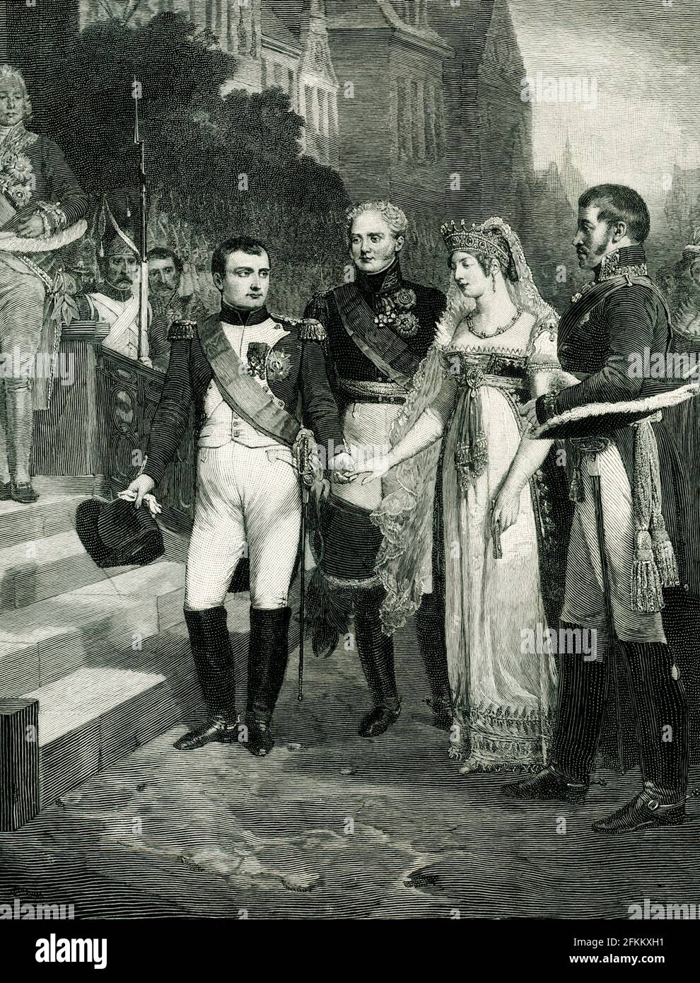 La didascalia del 1896 recita: "Napoleone riceve la Regina della Prussia a Tilsit il 6 luglio 1807 dal dipinto di Nicolas-Louis-Francois Gosse nel Museo di Versailles inciso da Peter Aitken". Foto Stock