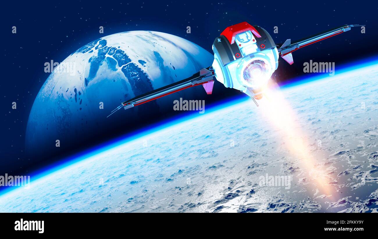 Astronave che viaggia tra pianeti di galassie lontane. Esplorazione di pianeti. Sci-fi. Conquista nuovi mondi. Innovazione tecnologica. Interstellare Foto Stock