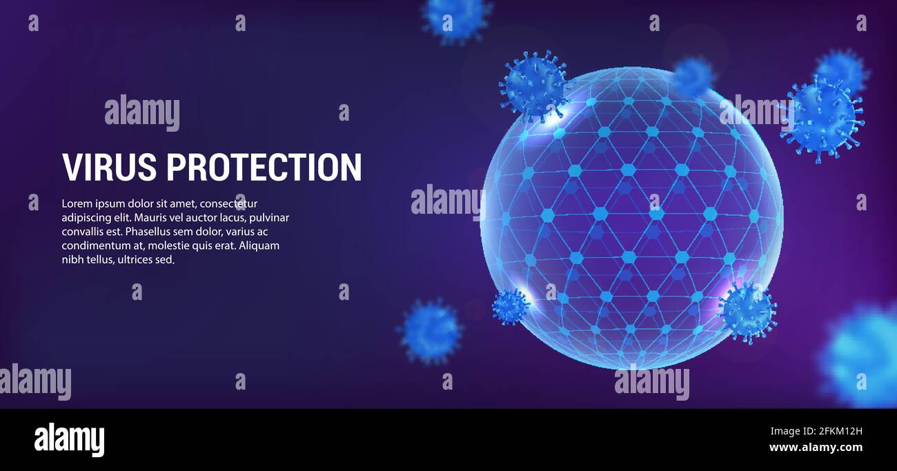 Il virus di protezione, scudo a bolle a sfera rotonda, riflette l'infezione virale. Protezione contro le infezioni del concetto di banner viola. Modello 3D di schermatura a bolle d'aria per il Illustrazione Vettoriale