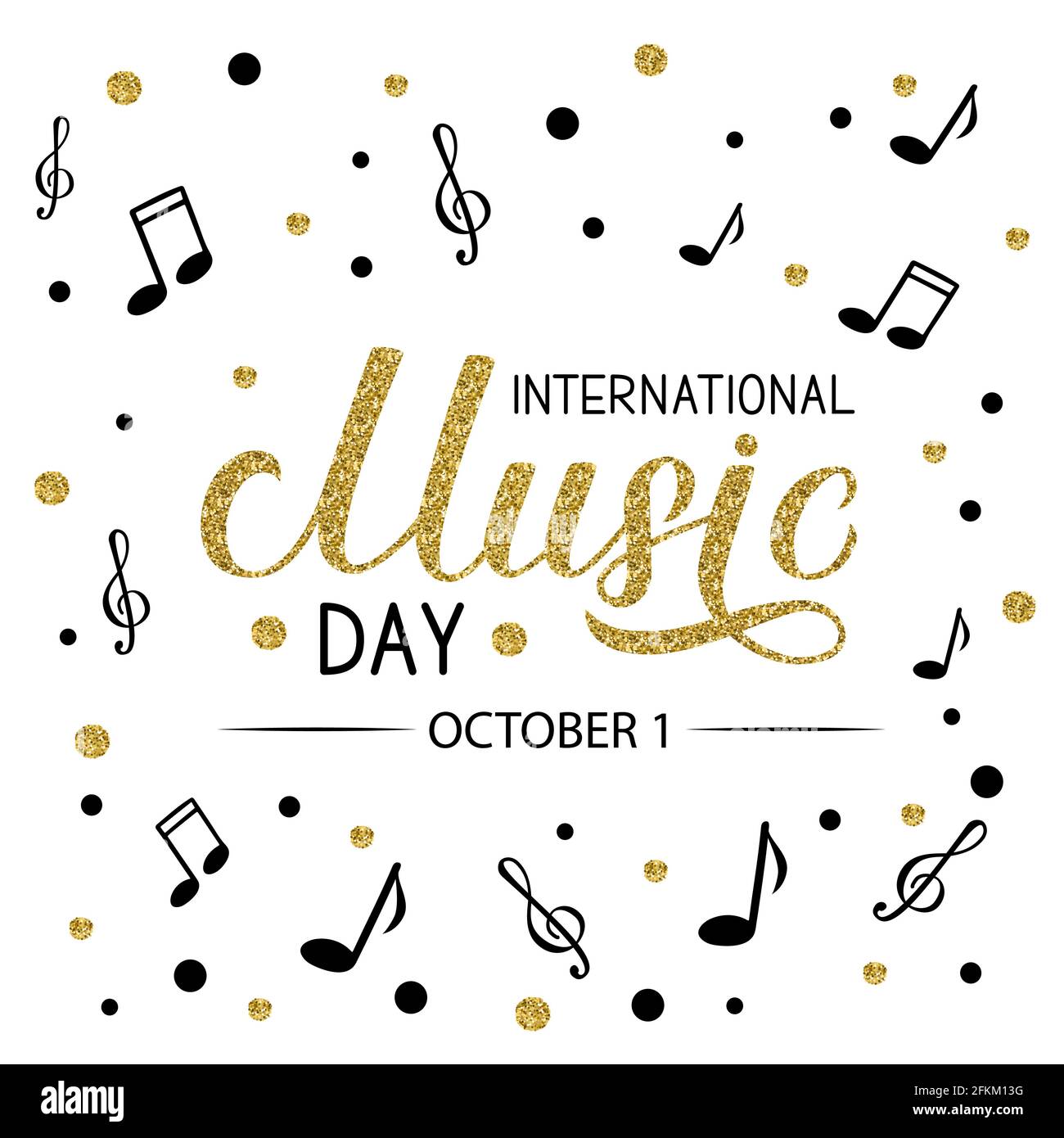 International Music Day scritta oro glitter con confetti isolati su bianco. Modello vettoriale facile da modificare per poster tipografici, banner, volantini, ecc. Illustrazione Vettoriale