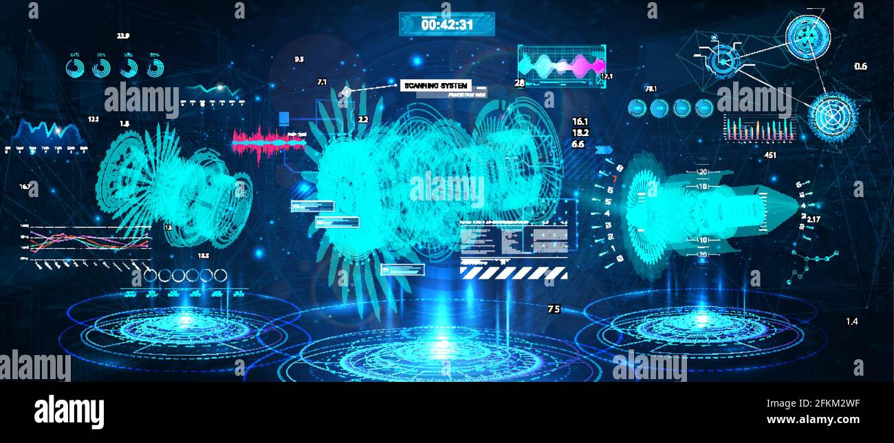 Ologrammi con turbine 3D e interfaccia HUD. Moderno motore Jet di aereo - proiezione di raggi X. Progetto aerospaziale industriale con tecnologia moderna Illustrazione Vettoriale