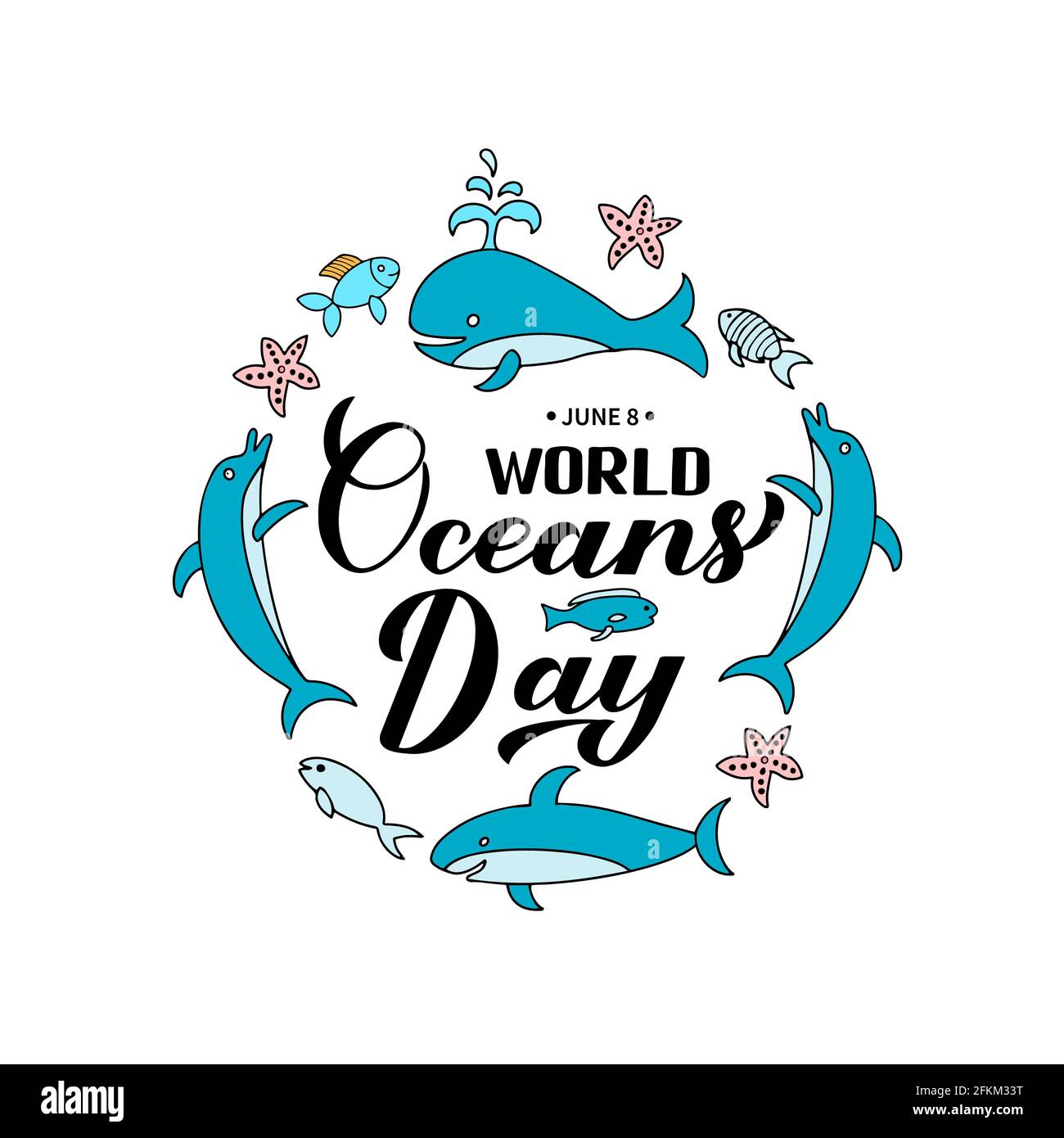 World Oceans Day calligrafia con gli animali marini disegnati a mano isolati su bianco. Concetto di conservazione dell'ambiente. Modello vettoriale per la tipografia Illustrazione Vettoriale